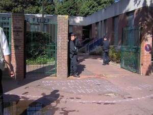 Chalked entrance to sub prefects office (police station), Calais